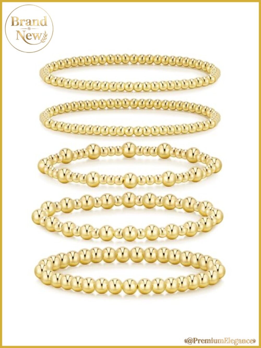 14K Gold Plated Beaded Bracelet Set for Women, 5 Stackable Waterproof Bracelets